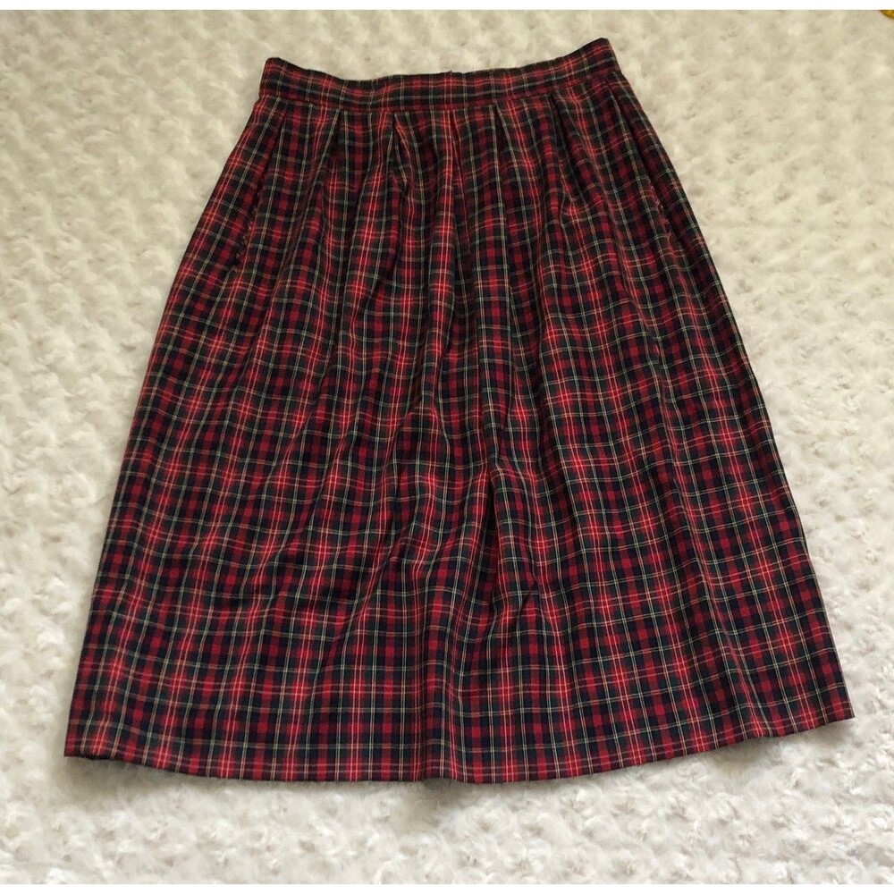 Vintage Pendleton Skirt Womens 12 Red Green Tartan Plaid Wool Pleated Midi USA